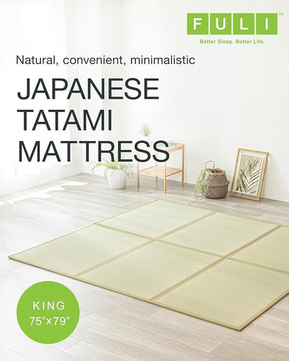 FULI Japanese Tatami Mattress, Tatami Rug, Igusa Mat (Japanese Rush Grass) Foldable, Made in Japan (Natural, King)