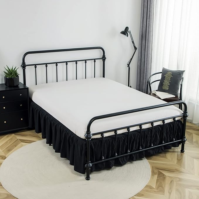 Bed Skirt Queen Size Ruffled Bed Skirt with Split Corners, 14 Inch Drop Dust Ruffle Bed Skirts with Platform, Black