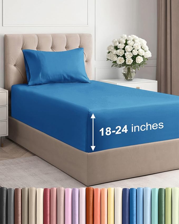 Extra Deep Pocket Twin Sheets - 3 Piece Breathable & Cooling Bed Sheets - Hotel Luxury Bed Sheet Set - Soft, Wrinkle Free & Comfy - Easily Fits Extra Deep Mattresses - Deep Pocket Denim Blue Sheets