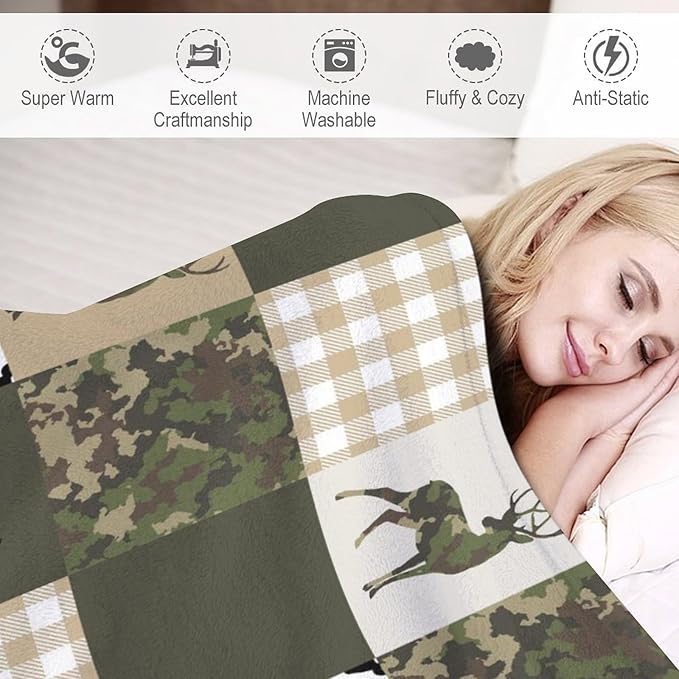 Camouflage Deer Blanket, Vintage Camo Green Beige Plaid Rustic Cabin Wildlife Hunting Blankets for Mens Room Bed Sofa, 40"x50"