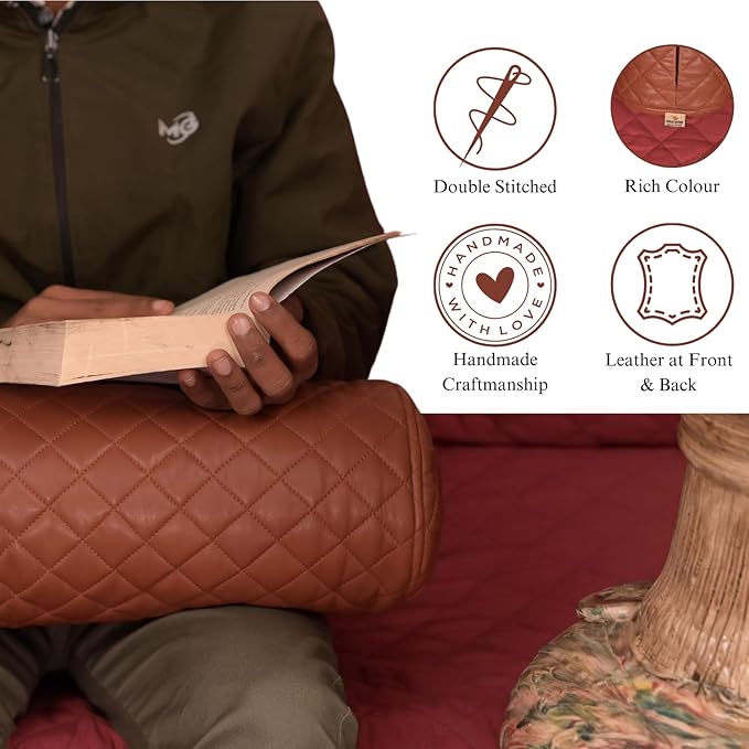 Neck Roll Pillow Cushion Cover, 22x5 Inch Full Moon Round Bolster Pillow Case, Cylinder Soft Lambskin Leather Pillowcase for Head, Spine & Neck Support During Sleep - Quilted Brown Pack of 2