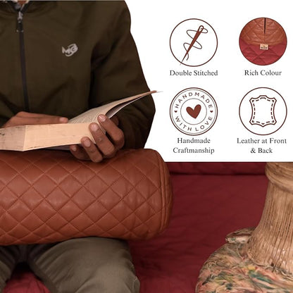Neck Roll Pillow Cushion Cover, 24x6 Inch Full Moon Round Bolster Pillow Case, Cylinder Soft Lambskin Leather Pillowcase for Head, Spine & Neck Support During Sleep - Quilted Brown Pack of 1