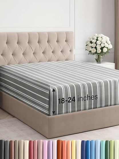 Extra Deep Queen Fitted Sheet - Hotel Luxury Single Fitted Sheet Only - Easily Fits 18 inch to 24 inch Mattress - Ultra Soft, Wrinkle Free with Extra Deep Pockets - Breathable & Comfy - Grey Stripes