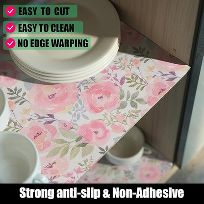 Peach Peony Shelf and Drawer Liner 12IN x 20FT,Non-Adhesive and Strong Non-Slip Floral Cabinet Drawer Liners for Kitchen Shelf, Waterproof Cupboard Liners,Easy to Clean