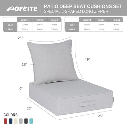 Outdoor Olefin Water-Resistant Deep Seat Cushion Set, 23''x 26''x 6'' Weather and Fade Resistant Patio Furniture Seat Cushion, Thickened Sofa Chair Pad with Straps for Lawn, Garden, Light Gray