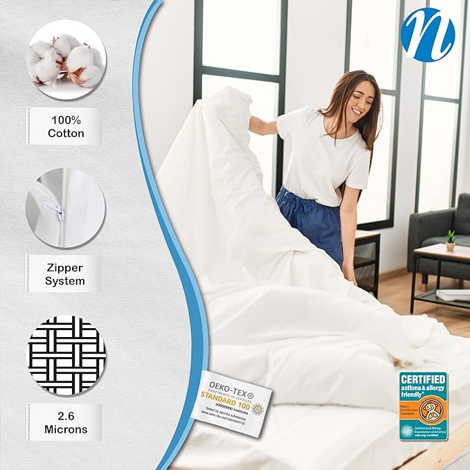 National Allergy Premium 100% Cotton Duvet Comforter Protector - Long Twin Size - 70" x 90" - White - Breathable 300 Thread Count Hypoallergenic Cover - Zippered Encasement - Bedding Linen