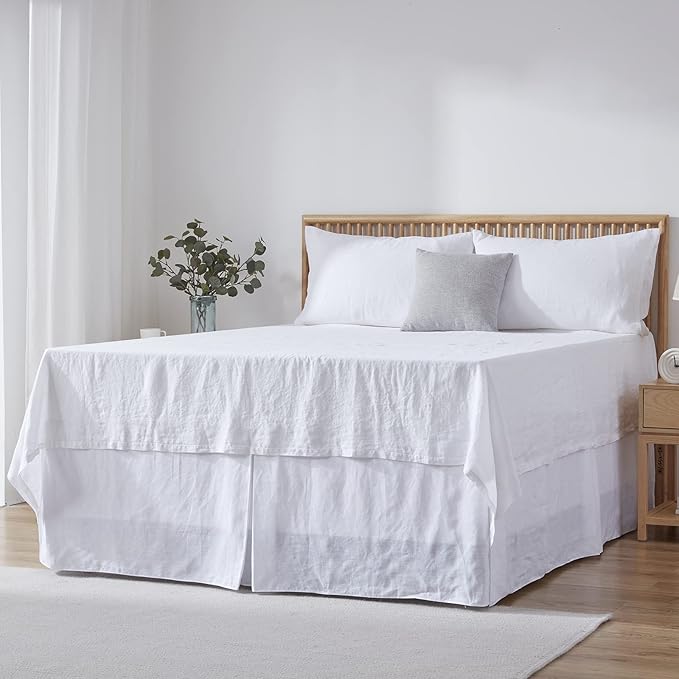 Simple&Opulence Belgian Linen Bed Skirt with Classic 22 inch Tailored Drop Dust Ruffle, Easy Fit Breathable Premium Natural Flax - Basic White, King