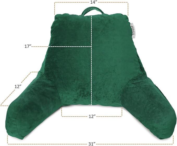 Nestl Reading Pillow with Shredded Memory Foam, Designed for Sitting Up in Bed and Couch, Back and Arms Adjustable Support for Adult & Teens Backrest Pillows for Reading with Washable Cover Dark Green