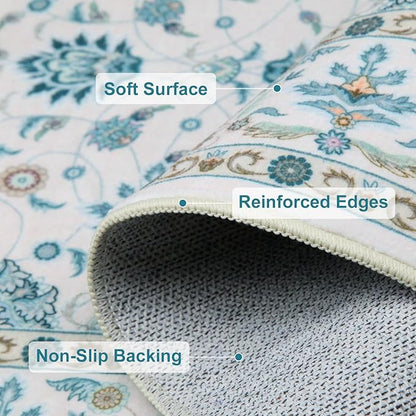 WILLSUN Washable Area Rugs, 9x12 Non-Slip Boho Large Area Rugs for Living Room, Bedroom, Machine Washable Vintage Rug, Indoor Floral Print Carpet for Home Decor, Kid & Pet Friendly Mat