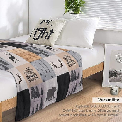 Rustic Cabin Throw Blanket, Retro Camping Bear Deer Farmhouse Wildlife Tree Forest Brown Gray Print Warm Flannel Blanket for Bedroom Camping Travel, 60"x80"