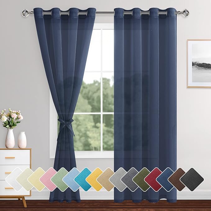 XWZO Sheer Curtains 84 Inches Long for Bedroom, Light Filtering Faux Linen Grommet Window Curtains for Living Room, Kids Room, Study with Tiebacks, Navy Blue, Set of 2 Panels, 52 x 84 Inches Long