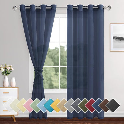 XWZO Sheer Curtains 84 Inches Long for Bedroom, Light Filtering Faux Linen Grommet Window Curtains for Living Room, Kids Room, Study with Tiebacks, Navy Blue, Set of 2 Panels, 52 x 84 Inches Long