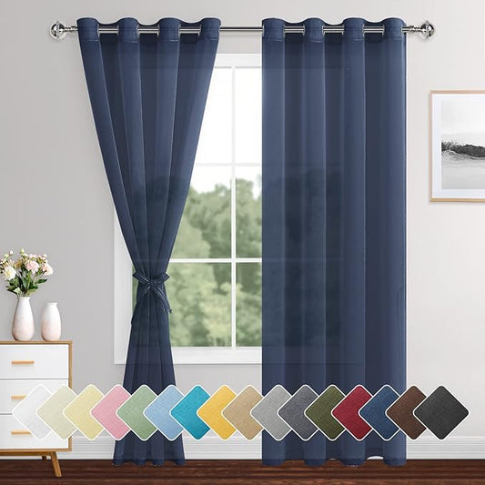 XWZO Sheer Curtains 84 Inches Long for Bedroom, Light Filtering Faux Linen Grommet Window Curtains for Living Room, Kids Room, Study with Tiebacks, Navy Blue, Set of 2 Panels, 52 x 84 Inches Long