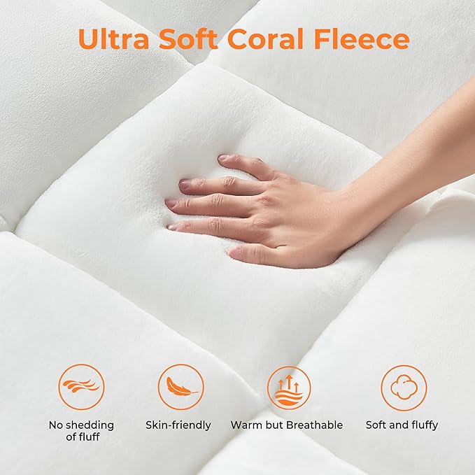 Ultra Soft Coral Fleece King Size Mattress Topper, No Compression Plush Thick Pillow Top Mattress Pad with Deep Pocket, Winter Warm Cozy Bed Topper Cover for Back Pain Relief