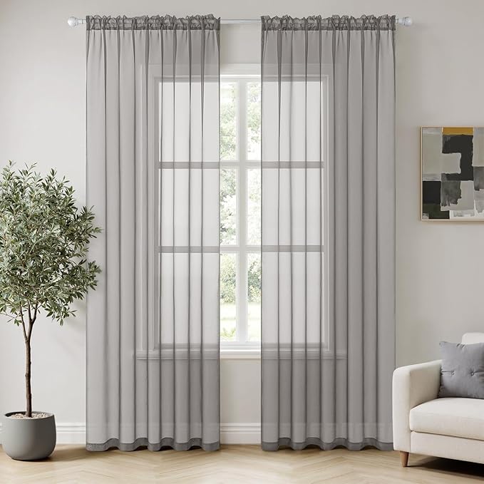 MIULEE 2 Panels Solid Color Sheer Window Curtains Elegant Window Voile Panels/Drapes/Treatment for Bedroom Living Room (54X90 Inches Grey)