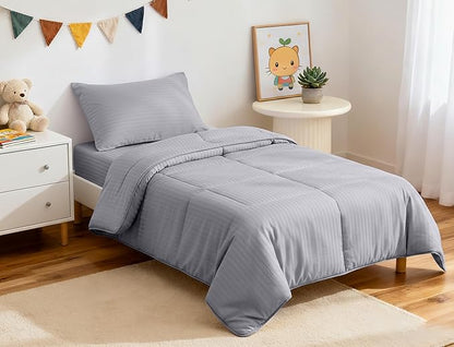 ZPECC Toddler Bedding Set - 4 Piece Hypoallergenic Baby Crib Bedding Set for Boys and Girls, Includes Toddler Comforter, Flat Sheet, Fitted Sheet and Pillowcase, Grey Stripe