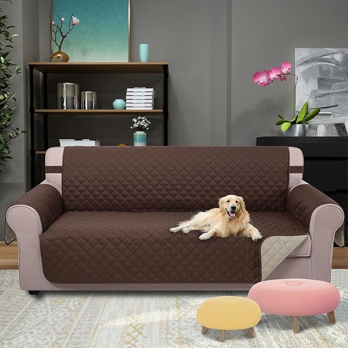 U-NICE HOME Large Sofa Cover Reversible Couch Cover for Dogs with Elastic Straps Water Resistant Furniture Protector for Pets Couch Cover for 4 Cushion Couch (Oversized Sofa, Coffee/Beige)