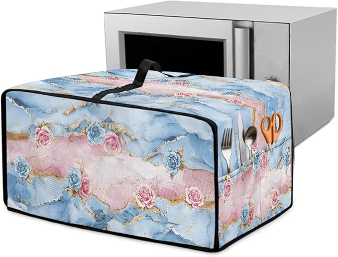 Rose Marble Texture Print Microwave Oven Grill Cover Protector Polyester-Linen Fabric Microwave Oven Dust Cover with Storage Bags Case Protections for Toaster Oven, M