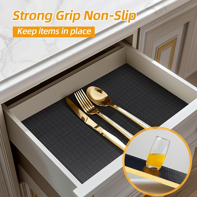 Shelf and Drawer Liner for Kitchen Cabinets Non-Adhesive, Strong Grip Non-Slip Thickened Cabinet Liners for Shelves, Waterproof Mats for Dresser Cupboard, Black, 12 in x 10 Feet