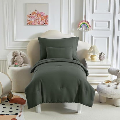 Toddler Bedding Set - 5 Piece Soft and Breathable Toddler Bed Set for Boys and Girls, Includes Quilted Comforter, Fitted Sheet, Flat Top Sheet, Standard Pillowcase and Toddler Pillowcase, Dark Green