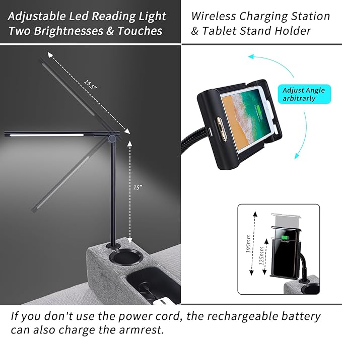 Sofa Armrest with Cup Holder Dual, Large Size Multifunctional Couch Arm Rest Insert, Removable Couch Caddy with Storage, Equipped with LED Reading Light & Wireless Charge Stand 02