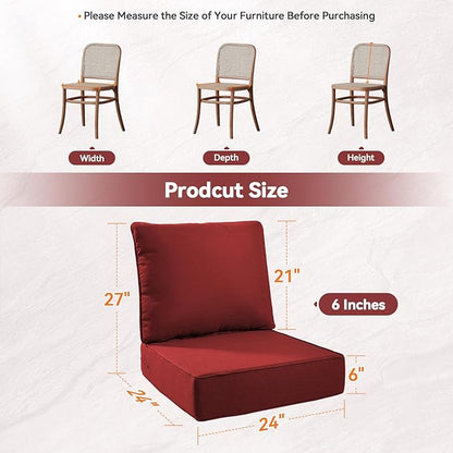 Luxury 6" Outdoor Cushions for Patio Furniture, 24x24x6 Thick Seat Cushion Set, Fade Resistant Couch Chair Replacement Cushions High Density Deep Wicker Chair Cushion with Removable Cover, Red