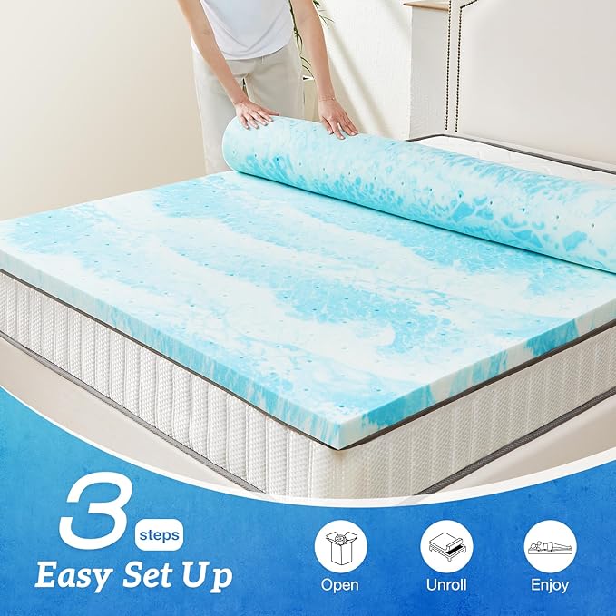 Sweetcrispy Mattress Topper Twin,3 Inch Thick Memory Foam Gel Infused Cooling Toppers Pad for Twin Size Bed, Sleeper Sofa, RV, Camper, CertiPUR US Certified, Ventilated and Breathable, Blue