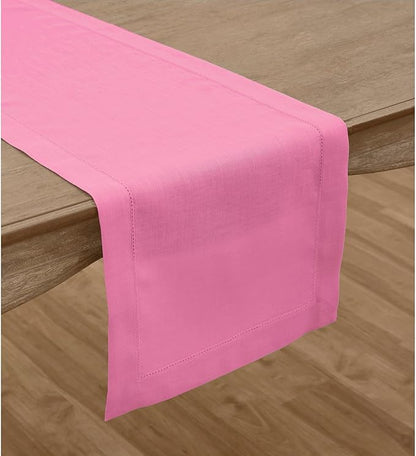 Solino Home Linen Flamingo Pink Table Runner 144 Inches Long - 100% Pure Linen Extra Long Table Runner 14 x 144 Inch for Christmas - Classic Hemstitch