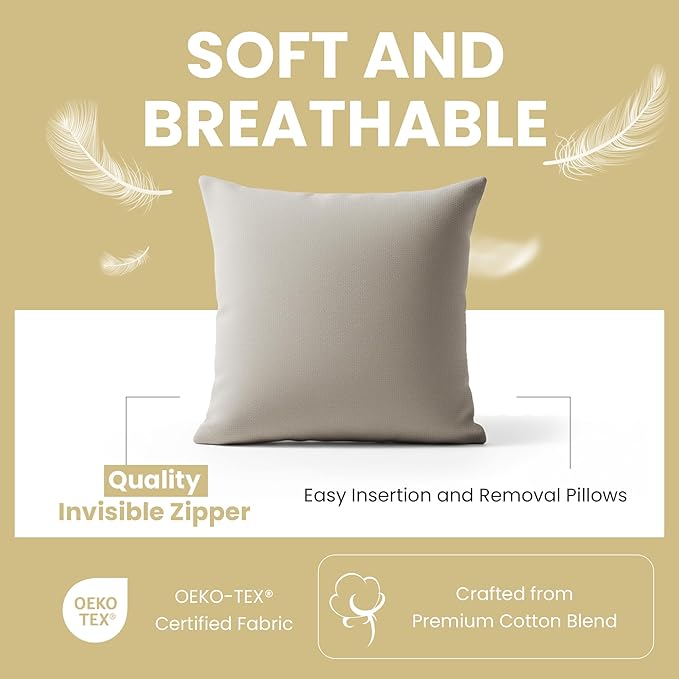 Haven & Glow Decorative Throw Pillow Cover – Square Cushion Case with Zipper | Modern Sofa, Couch & Bed Accent Pillow Covers for Living Room, Bedroom & Home Decor | 18 x 18 Inch – Beige – Pack of 2