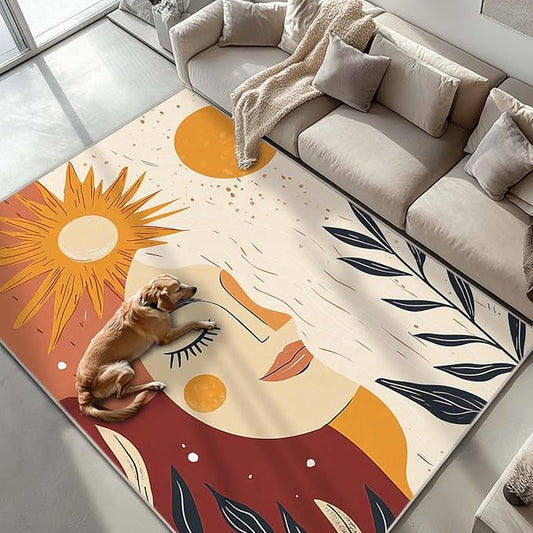 6x9 Sun and Moon Area Rug Beige Yellow Rug Non Slip Low Pile Large Carpet for Home Kitchen Living Room Bedroom Dining Room Office