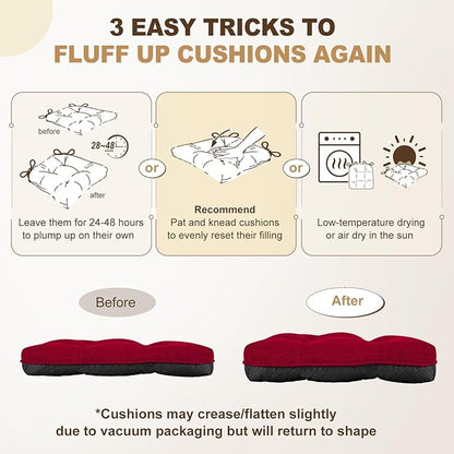 downluxe Indoor Chair Cushions for Dining Chairs, Tufted Overstuffed Textured Foam Kitchen Chair Pads with Ties and Non-Slip Backing, 15.5" x 15.5" x 4", Red, 6 Pack