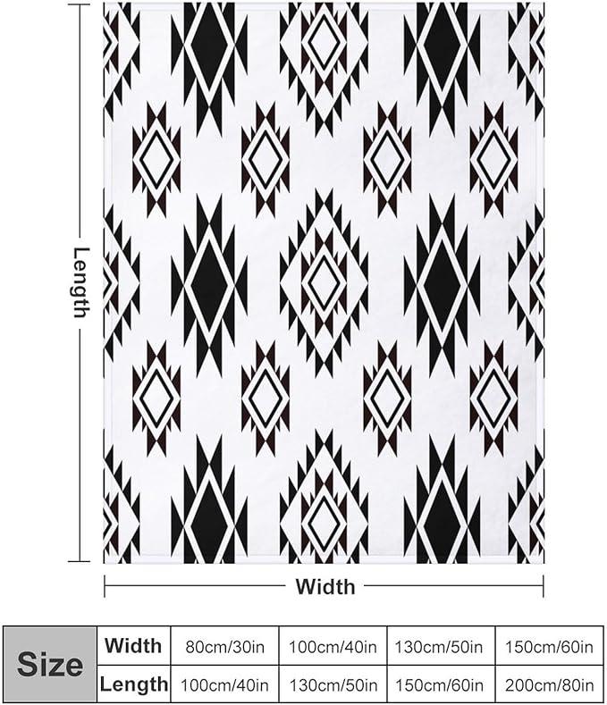 Boho Throw Blanket, Black and White Native Blankets, Vintage Tribal Aztec Printed Flannel Blanket for Chair Bed Sofa Couch 50"x60"