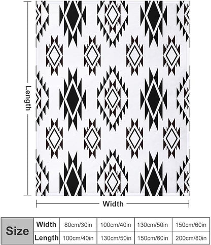 Boho Throw Blanket, Black and White Native Blankets, Vintage Tribal Aztec Printed Flannel Blanket for Chair Bed Sofa Couch 50"x60"