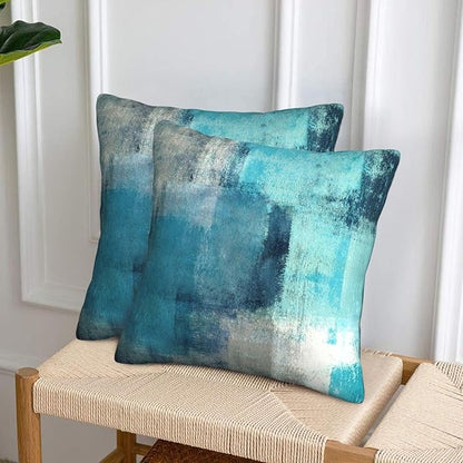 bassyil Teal Grey Abstract Art Painting Throw Pillow Covers Decorative Linen Pillow Cases Set of 2 Square Cushion Cover for Couch Sofa Bedroom 18x18 Inch