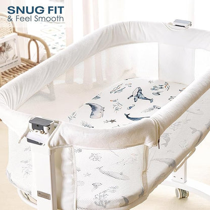 GRSSDER Stretchy Ultra Soft Fitted Bassinet Sheet Set 2 Pack, Universal Fit for Bassinets Baby Cradle Moses Basket Oval Rectangle Mattress Safe and Snug, Sea Fish & Space Stylish Print