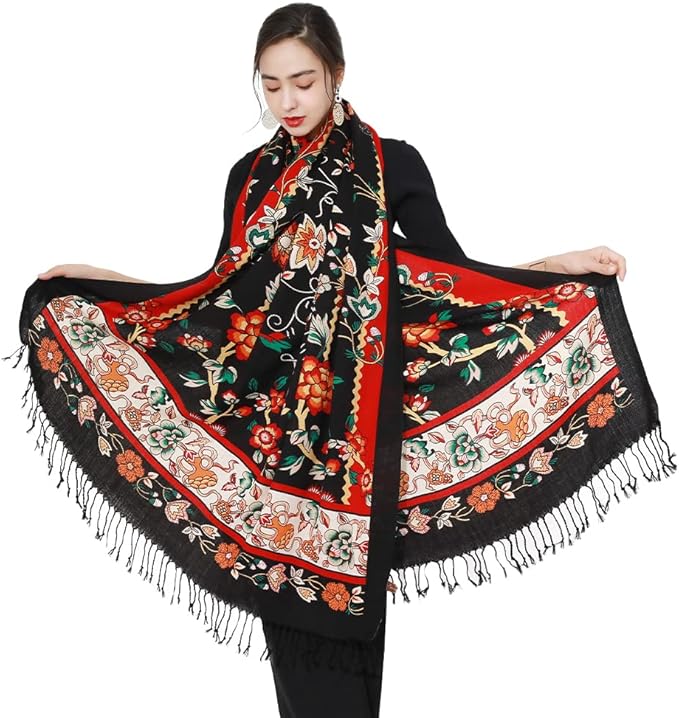 DANA XU 100% Merino Wool Pashmina Shawl for Women 96"x43", Oversized Cashmere Wrap with Tassels, Floral Travel Blanket Cape