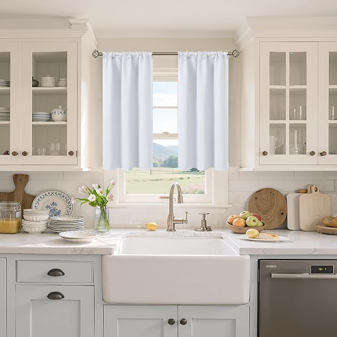 BGment Short Curtains for Kitchen Window Over Sink - Rod Pocket Room Darkening Drapes Thermal Insulated for Bathroom Cafe Window, Greyish White, 34 x 45 Inch, 2 Panels