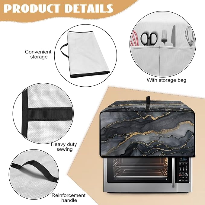 Convection Toaster Oven Cover Protective Small Kitchen Appliance Dust Cover with Accessory Pockets for Kitchen Home Indoor Decorations, L, Marble Black Gold