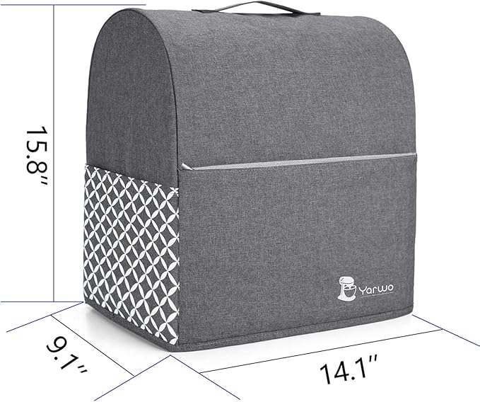 Yarwo Stand Mixer Cover Compatible with 6-8 Quart KitchenAid Mixer, Protective Dust Cover with Top Handle and Pockets for Accessories, Gray with Grid