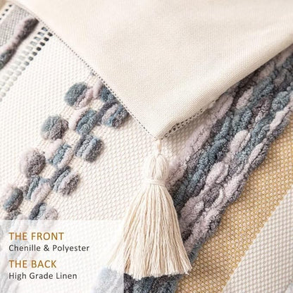 Boho Throw Pillow Covers 18x18 Set of 2 Woven Tufted Farmhouse Pillows Cover with Tassels Textured Striped Cushion Case Neutral Pillow Cases Decorative Pillowcase for Sofa Couch Bed,Grey
