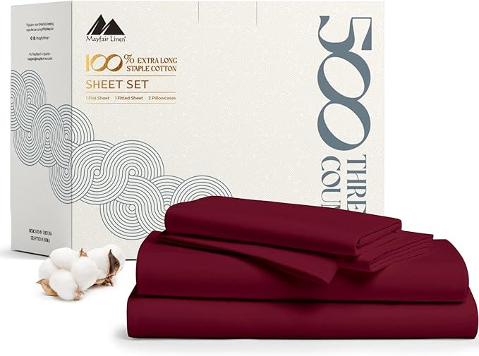 Mayfair Linen 500 Thread Count Full Cotton Sheets - 4 PC Full Size Bed Sheet Set Cotton (Burgundy), Soft, Cooling, Sateen Hotel-Quality 16" Deep Pocket Bedsheet for Hot Sleepers (Fits 18" Mattress)
