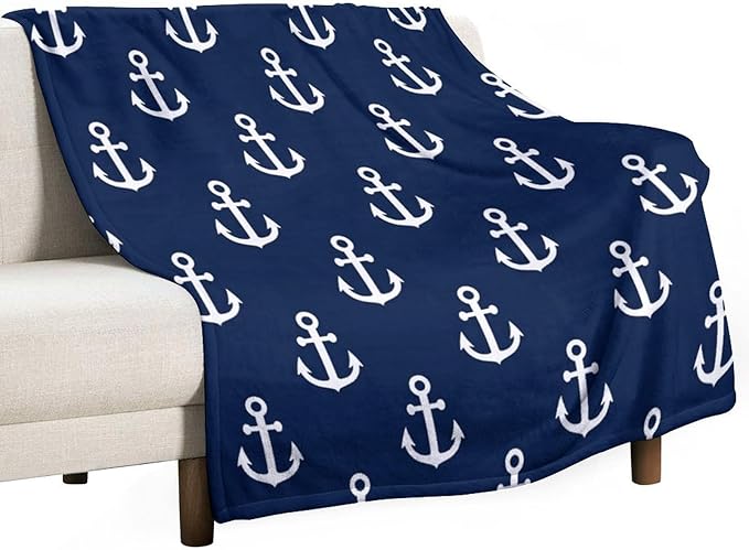 Anchor Blanket Vintage Rustic Ocean Nautical Style Navy Blue White Soft Cozy Lightweight Throw Blanket for Kids Girls Boys Women Men Bedroom Living Room Dorm Chair Sofa Travel 40x50in