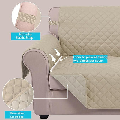 U-NICE HOME Loveseat Sofa Cover Reversible Couch Cover for Dogs with Elastic Straps Water Resistant Furniture Protector for Pets Couch Cover for 2 Cushion Couch (Loveseat, Sand/Beige)