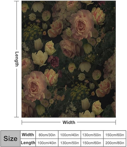 Black Floral Blanket, Rustic Watercolor Botanical Rose Peony Vintage Leaves Plant Boho Gothic Print Throw Blankets for Bed Living Room Bedding Couch Soft Decor, 40"x50"
