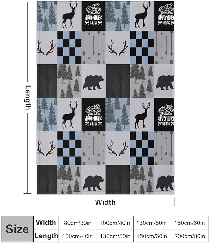 Bear Cabin Plaid Blanket, Rustic Retro Bear Deer Patchwork Gray Blue Farmhouse Throw Blanket for Couch Bed Living Room, 30"x40"