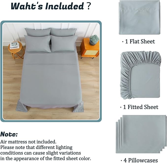Queen Sheet Set for Air Mattress, 6 Piece Air Bed Sheets Set with 18-24 Inches Extra Deep Pocket, Soft & Breathable Inflatable Bed Sheet Set with Flat Sheet, Fitted Sheet and Pillowcases, Grey