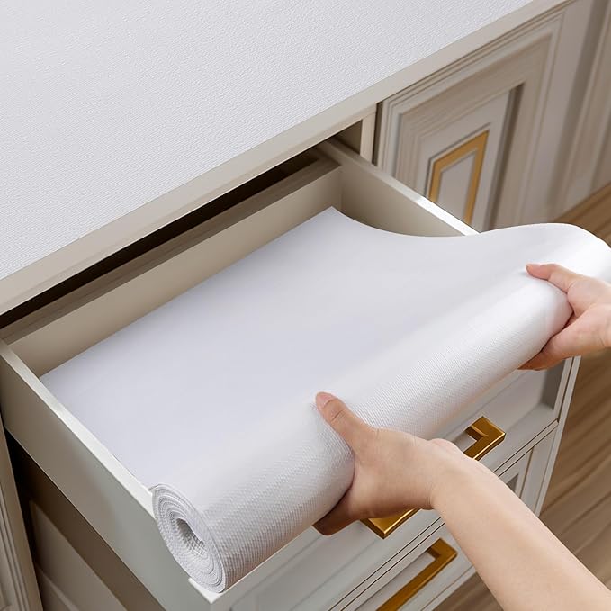Shelf and Drawer Liner for Kitchen Cabinets Non-Adhesive, Strong Grip Non-Slip Thickened Cabinet Liners for Shelves, Waterproof Mats for Dresser Cupboard, White, 17 in x 10 Feet