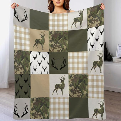 Camouflage Deer Blanket, Vintage Camo Green Beige Plaid Rustic Cabin Wildlife Hunting Blankets for Mens Room Bed Sofa, 30"x40"