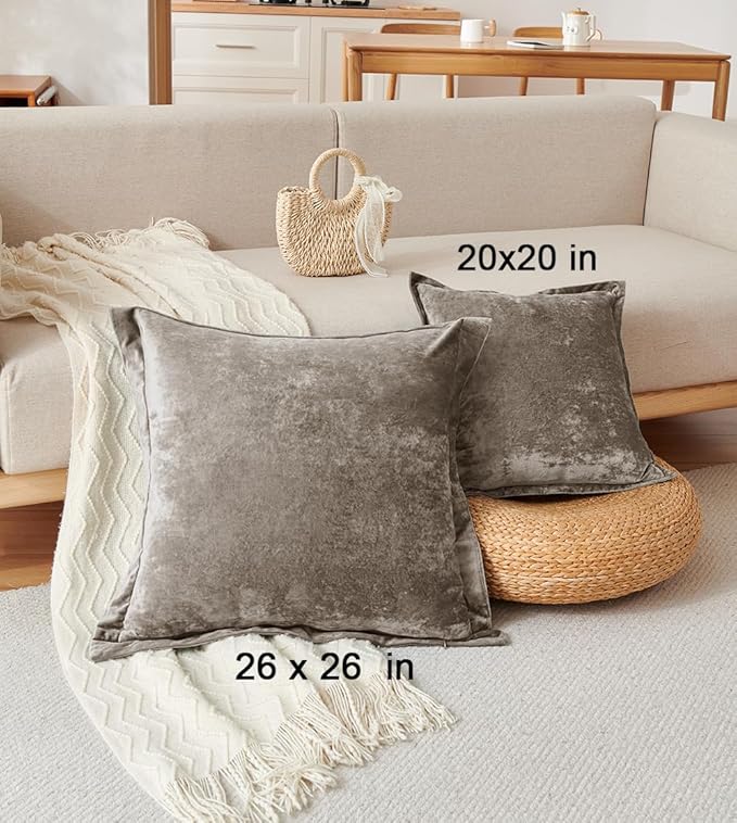 Luxurious Velvet Throw Pillow Covers 20x20 Set of 2 Decorative Pillow Covers Solid Square Cushion Case for Sofa Couch Bedroom Farmhouse, Brown