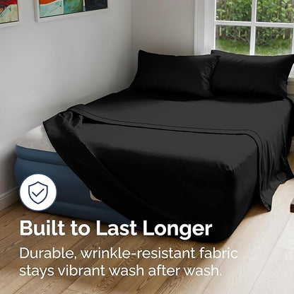 Air Mattress Sheet Set for Queen Size - 4 Piece Breathable & Cooling Sheets w/Extra Deep Pockets - Fits Inflatable & Blow Up Air Mattresses Up to 24 Inches Thick - Ultra Soft & Wrinkle Free - Black